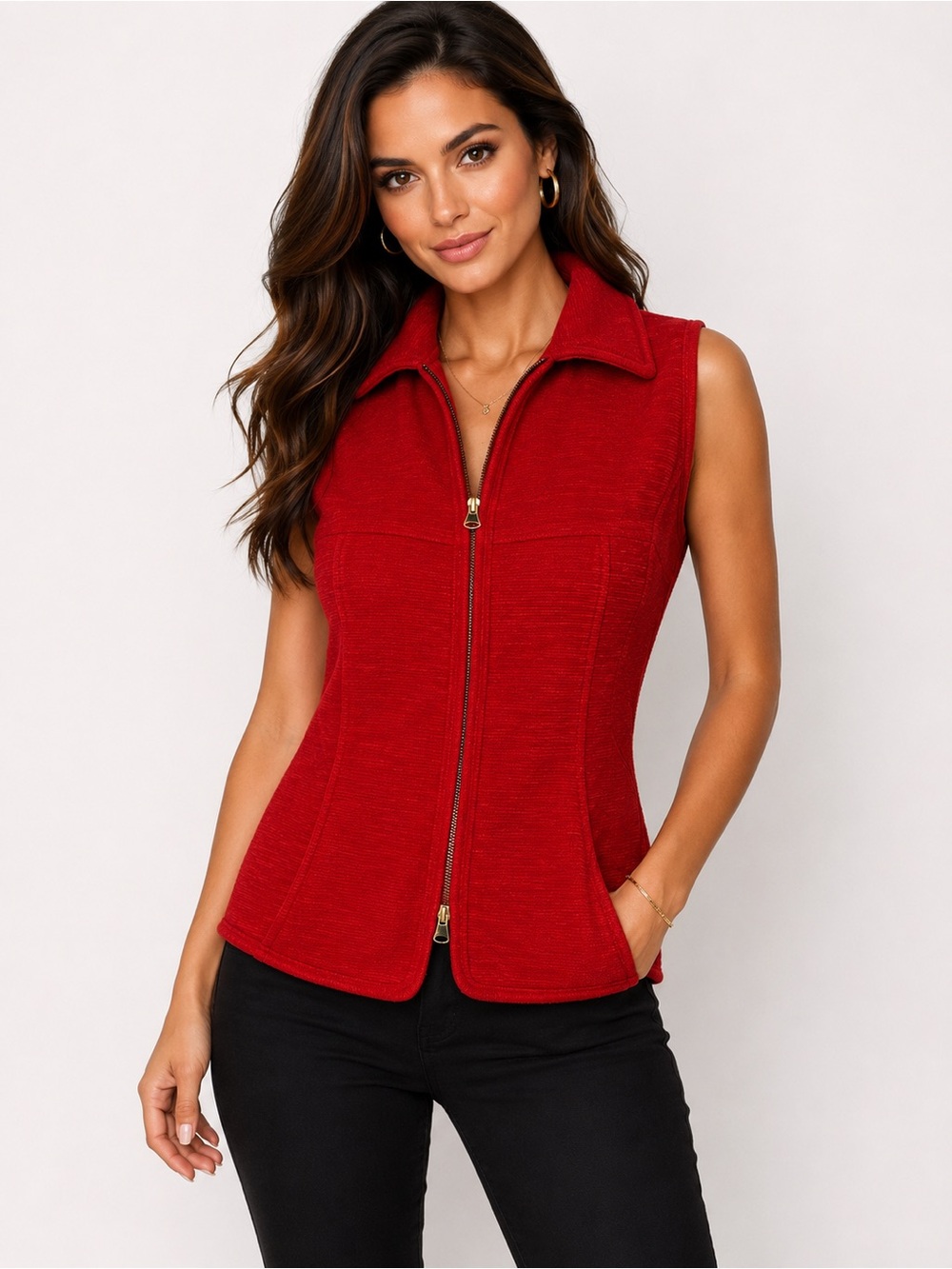 Graff Petite Size Small Red Sleeveless Zip Front Collared Vest Career Casual Top